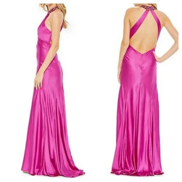 Mac Duggal Fuchsia Beaded Halter Neck Satin Mermaid Gown